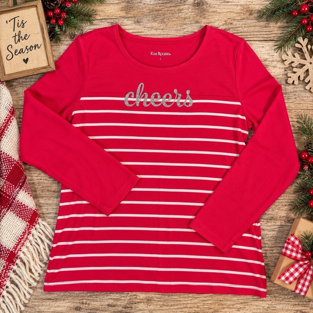 Kim Rogers Womens L Christmas Cheers Shirt Red Pink Stripe Long Sleeve Holiday - Picture 2 of 10